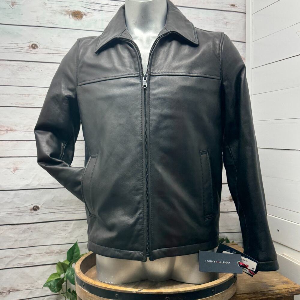 Tommy Hilfiger Men's Leather Bomber Jacket Coat Black Size Small NEW Macy's Tags